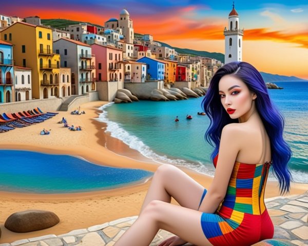 Vibrant Beach Scene with Colorful Coastal Town