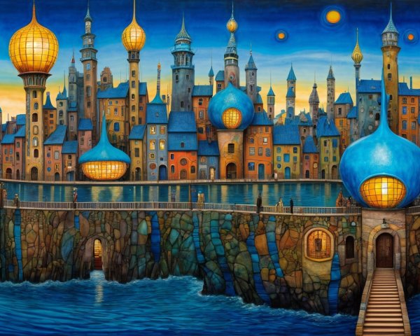 Whimsical Cityscape with Colorful Buildings and Sea