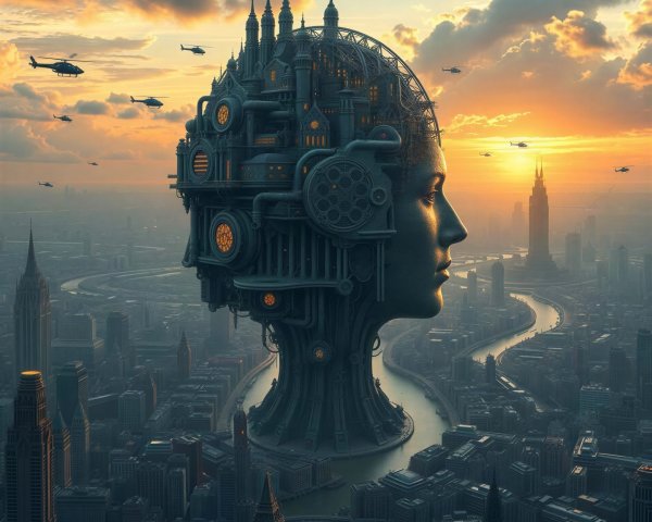 Steampunk Cityscape with Mechanical Woman's Head