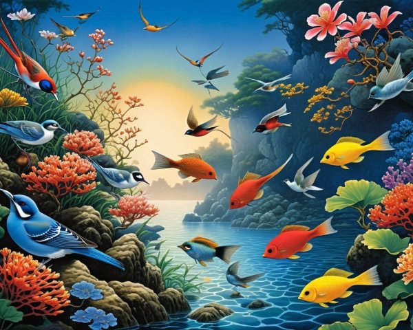 Idyllic Waterway with Coral, Flowers, and Wildlife