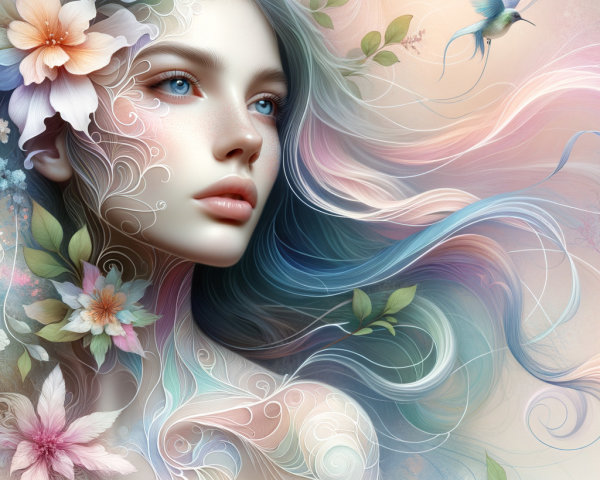 Serene Woman with Pastel Hair and Nature Elements