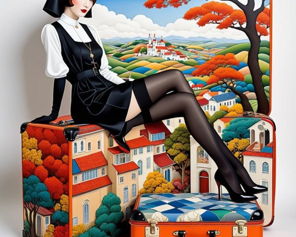 Elegant Woman in Black Dress on Vintage Suitcases