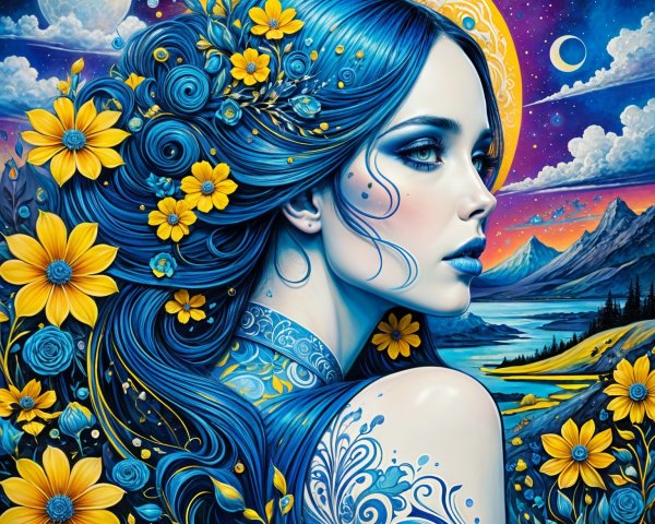 Portrait of a woman with blue hair and celestial background