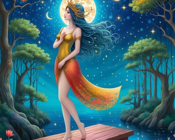 Woman in Golden Gown on Pier Under Full Moon