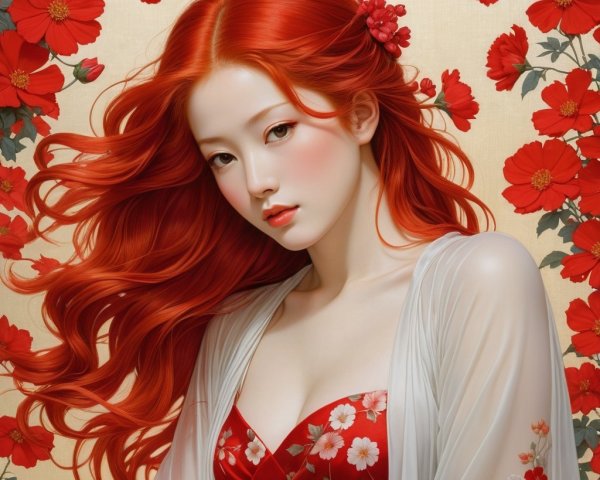 Young woman in red dress with floral backdrop