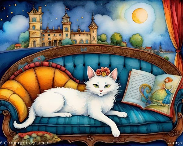 Watercolor portrait of a white cat on a sofa
