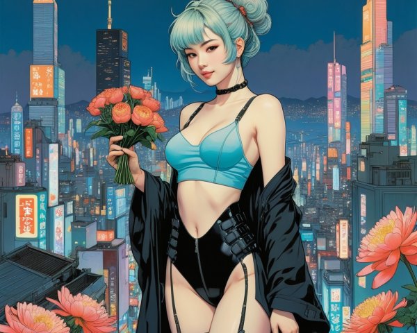 Figure in Neon Cityscape with Blue Hair and Roses