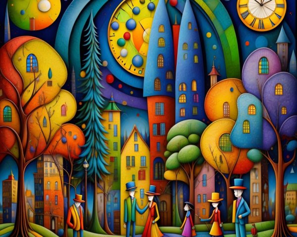 Surreal Scene of Colorful Figures on Striped Path
