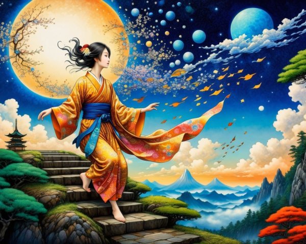 Graceful figure in vibrant kimono in dreamlike landscape