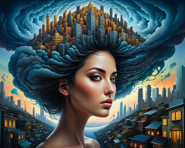 Surreal Portrait of Woman with Cityscape Hair