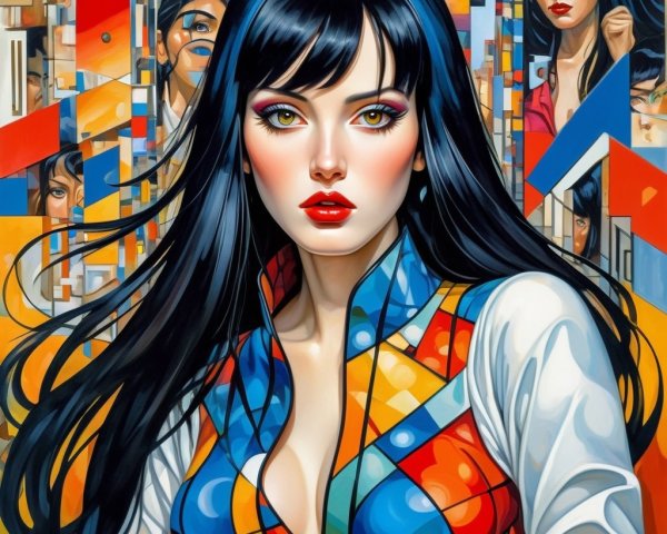 Striking Woman with Vibrant Makeup and Abstract Background