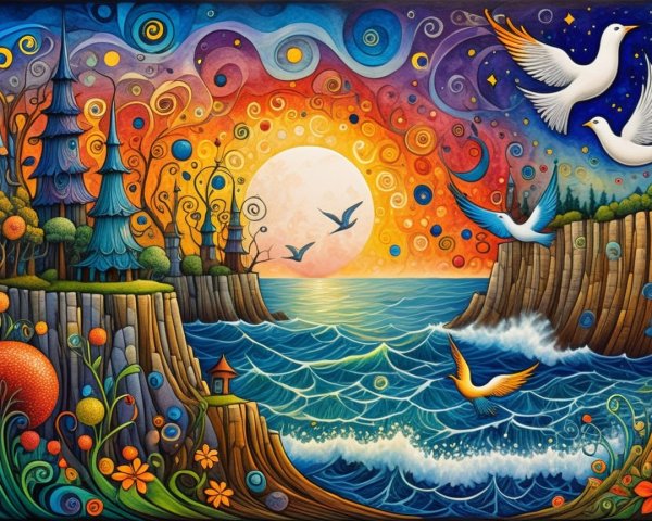 Whimsical Landscape with Colorful Patterns and Nature