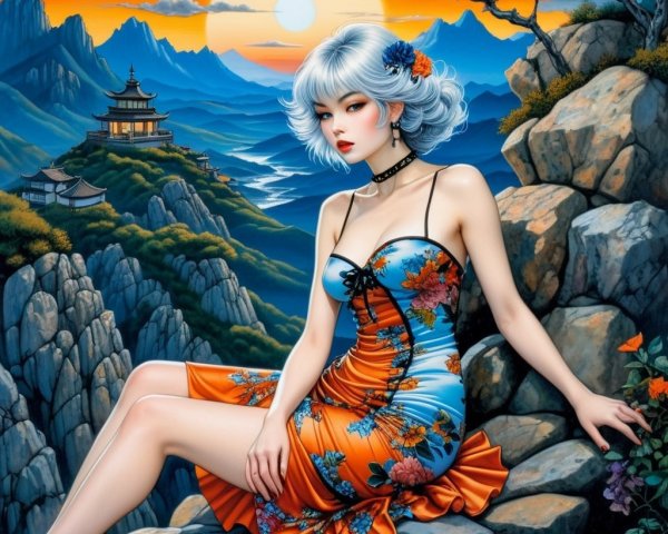 Serene Mountain Landscape at Sunset with Traditional Architecture