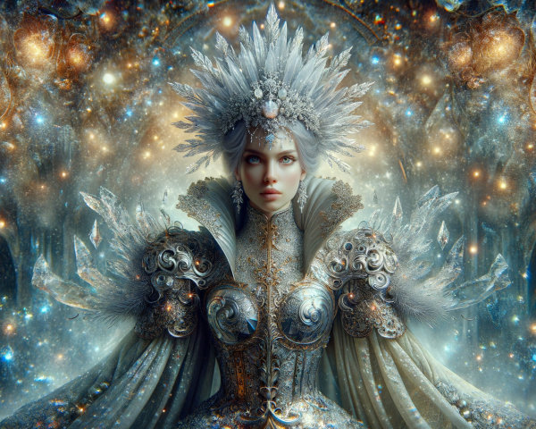 Majestic Ice-Themed Gown with Cosmic Backdrop