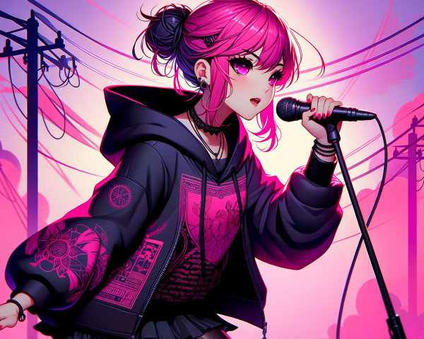 Anime Illustration of a Female Singer at Sunset
