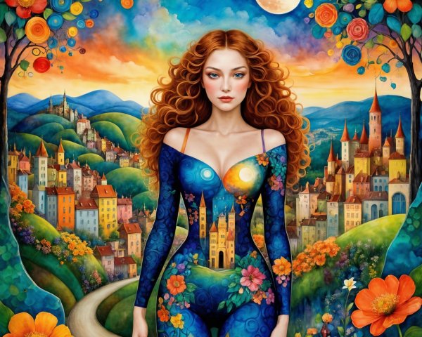 Whimsical Landscape with Woman in Floral Bodysuit