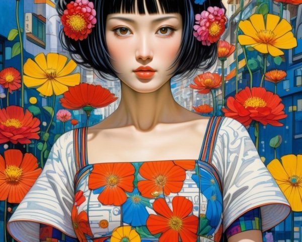 Young woman with bob haircut in vibrant urban setting