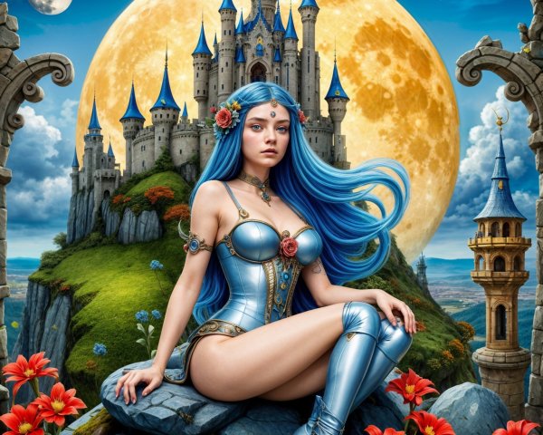 Young Woman in Silver Bodysuit Amidst Enchanted Landscape