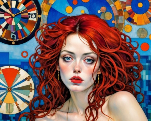 Vibrant Woman with Red Hair and Geometric Background