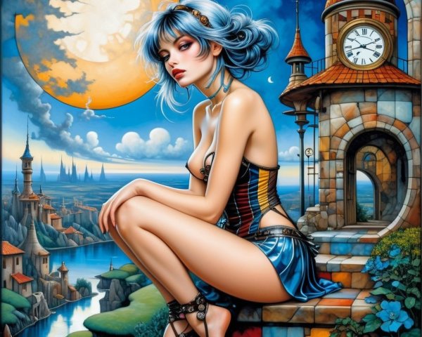 Surreal Scene of a Young Woman on Stone Steps