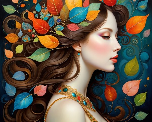 Profile Portrait of a Female Figure with Autumn Leaves