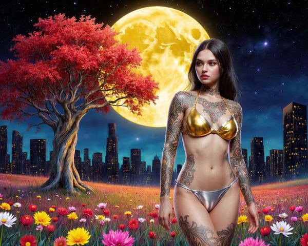 Tanned Woman in Wildflowers with Moonlit Cityscape
