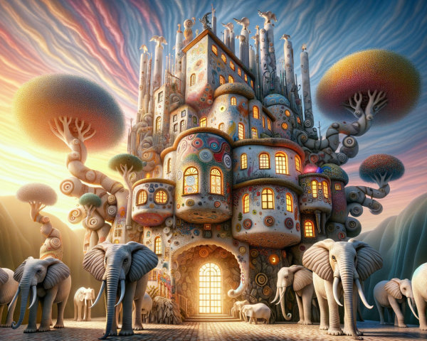 Whimsical Castle in Surreal Landscape with Elephants