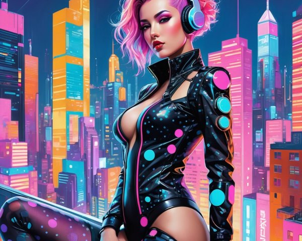Futuristic Cityscape with Neon Lights and Stylish Woman