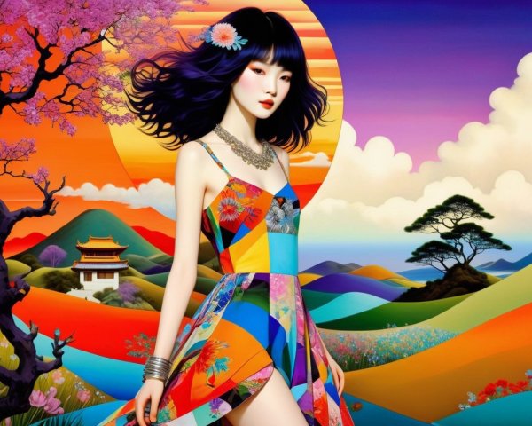 Colorful Illustration of Woman in Surreal Landscape
