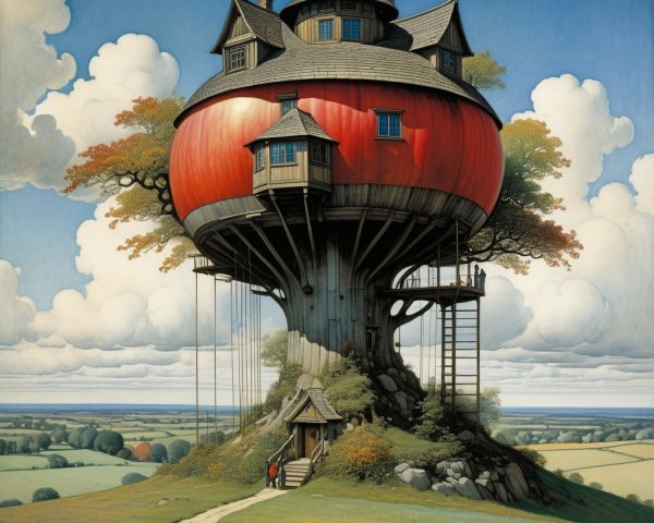 Whimsical Apple-Shaped Treehouse in Scenic Landscape