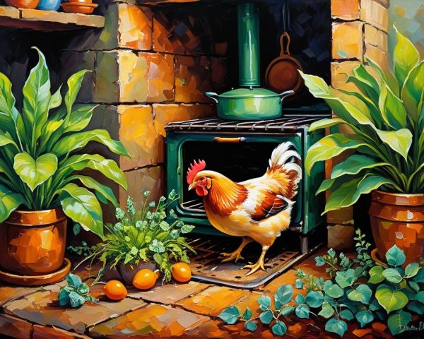 Vibrant Painting of Rooster in Rustic Kitchen Setting