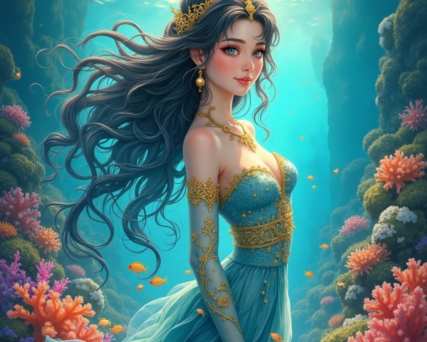 Underwater Scene with Mermaid and Coral Reefs