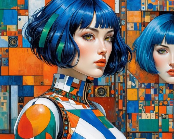 Stylized Female Figure with Blue Hair and Geometric Outfit