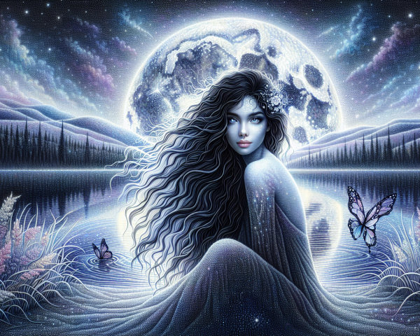 Serene Woman by Calm Lake Under Luminous Moon