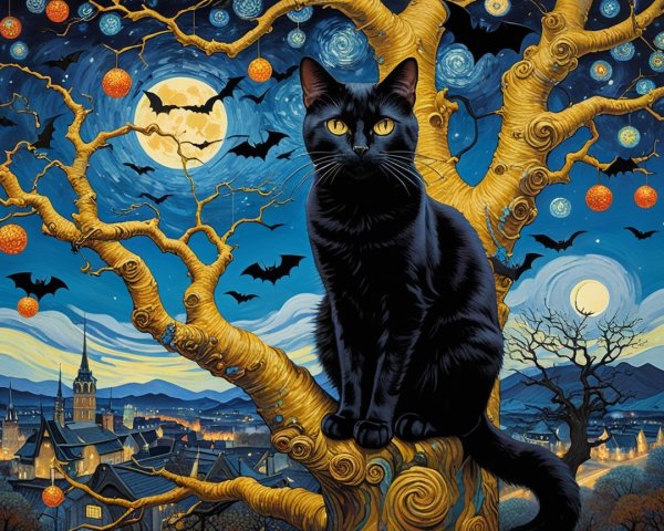 Mystical Night Scene with Black Cat and Moonlit Orbs