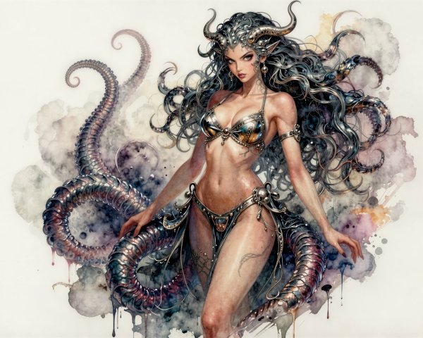 Fantasy Artwork of Woman with Horns and Tentacles