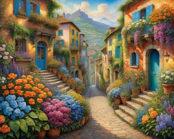 Vibrant Village Street with Colorful Houses and Gardens