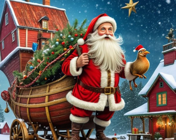 Santa Claus with Christmas tree on wooden sleigh