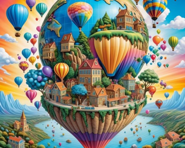 Whimsical Landscape with Earth-Shaped Balloon and Nature