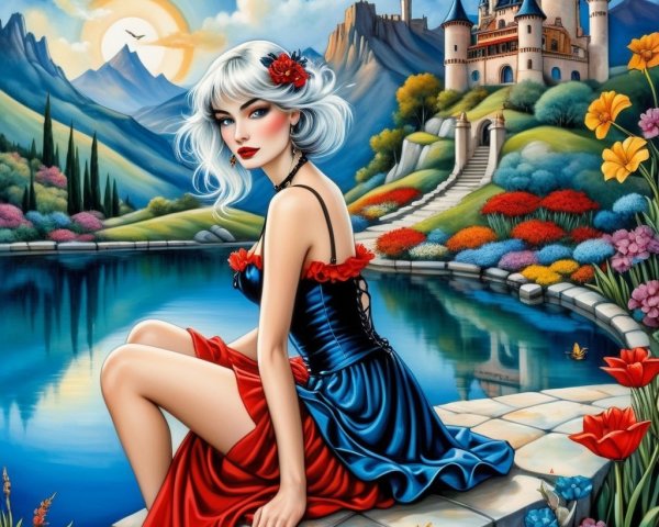 Elegant woman by lake with castle and vibrant nature