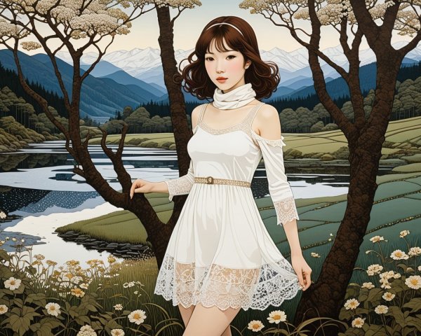 Young Woman in White Dress Amidst Serene Landscape