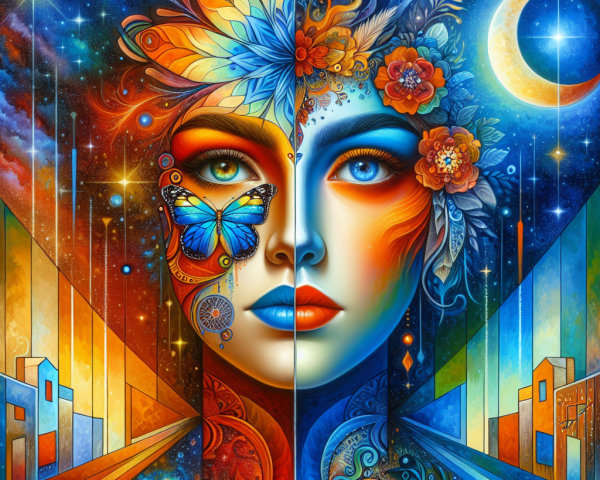 Vibrant Split Artwork of a Woman's Face and Elements