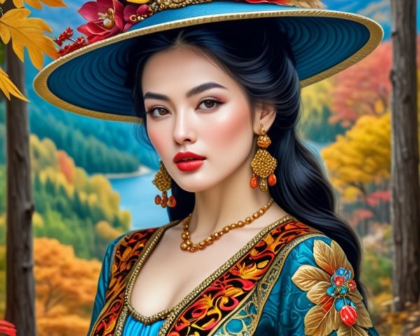 Traditional Outfit in Autumn Landscape Setting