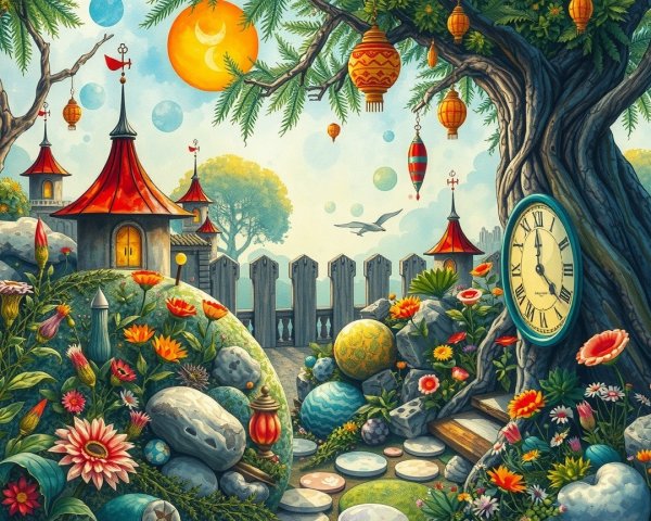 Whimsical Landscape with Flowers and Charming Houses