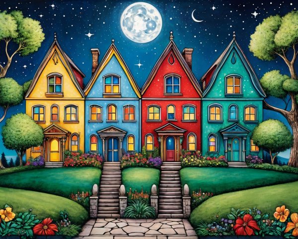 Colorful Houses Under a Starry Night Sky
