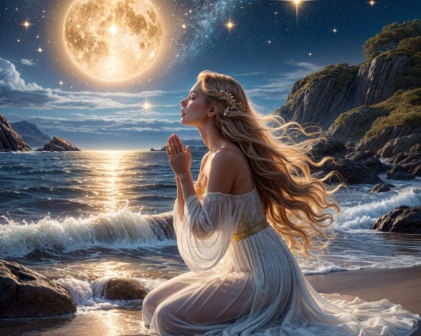 Moonlit Beach Scene with Woman in White Gown