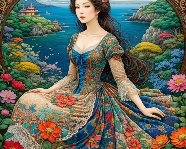 Serene Woman in Vibrant Floral Landscape Setting