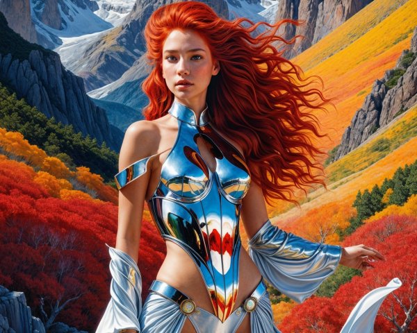 Fantasy scene with a woman in reflective armor