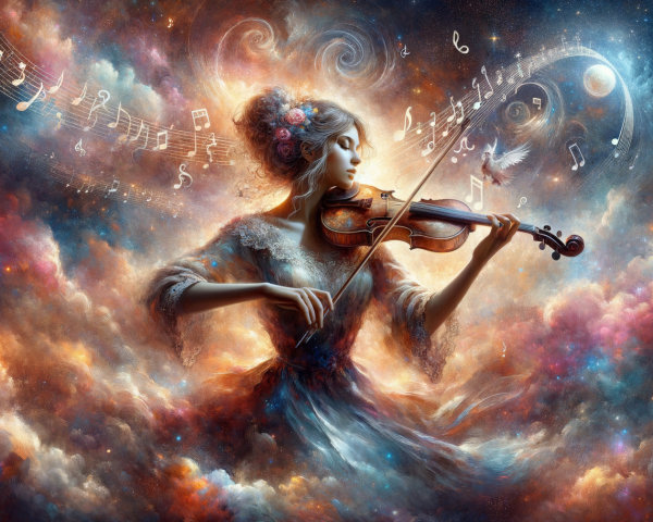 Celestial Scene of Woman Playing Violin in Clouds