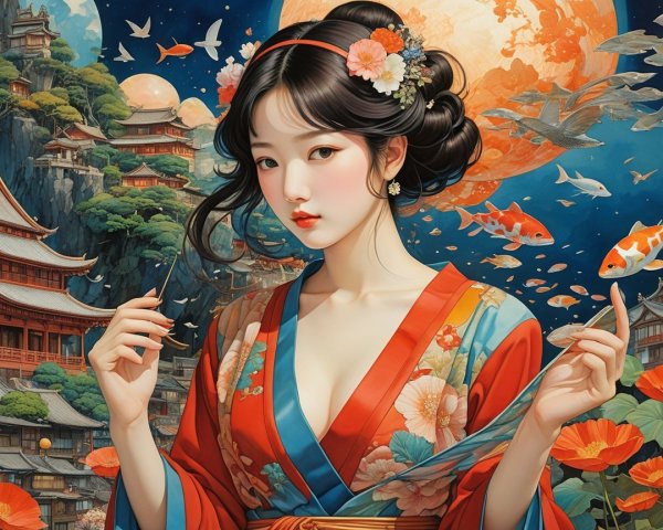 Serene Woman in Kimono Against Moonlit Landscape